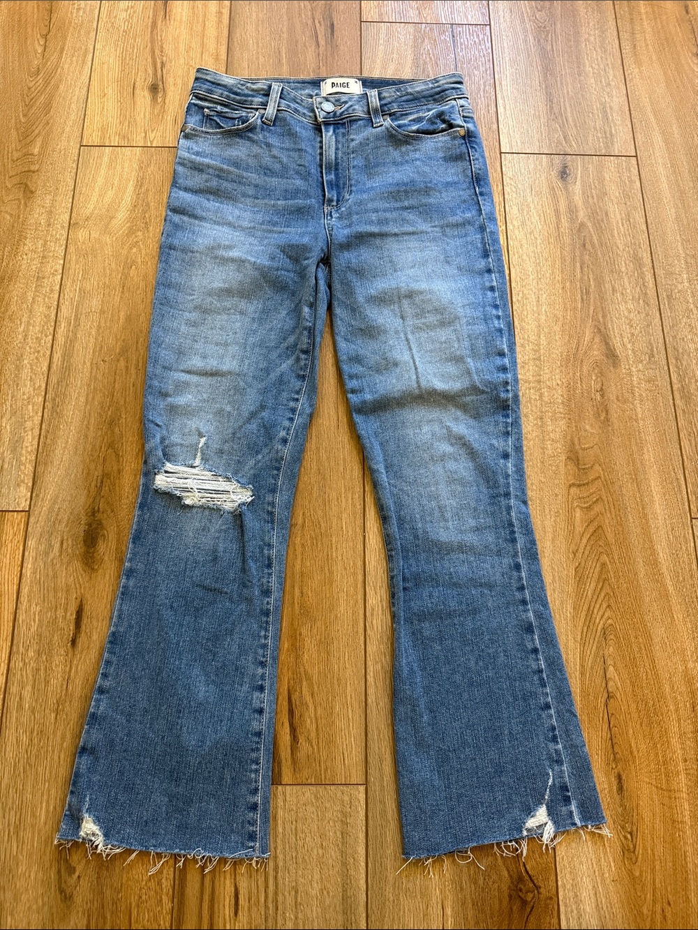 PAIGE Medium Blue Distressed Flare Jeans